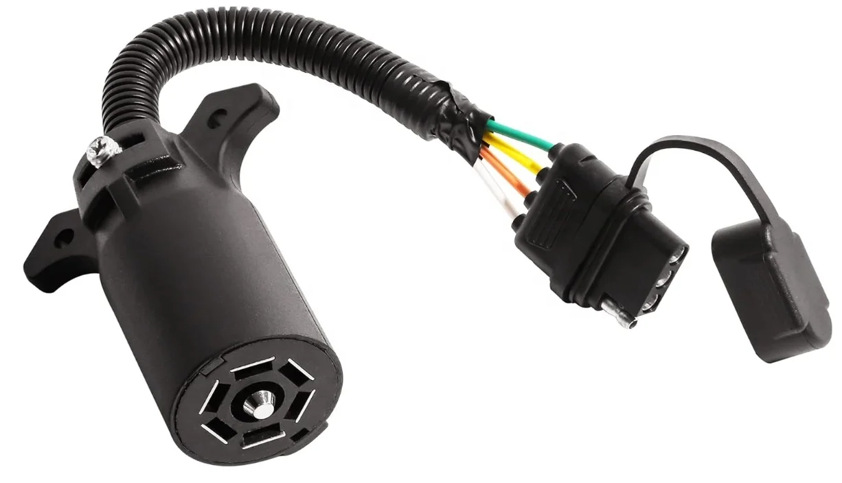 Universal Waterproof 7 Way Round to 4 Way Flat Adapter Trailer Wiring Harness Power Supply Extension Cord for Trucks RV Pickups