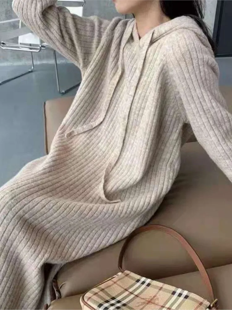 2025 Thickened Hooded Knitted Dress Long Straight Loose Casual Base Shirt Spring Autumn Winter Full Sleeve Ankle Length Dress