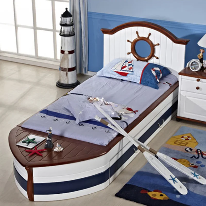 

Mediterranean children's furniture Solid wood bed Boys single bed Pirate ship bed Multifunctional