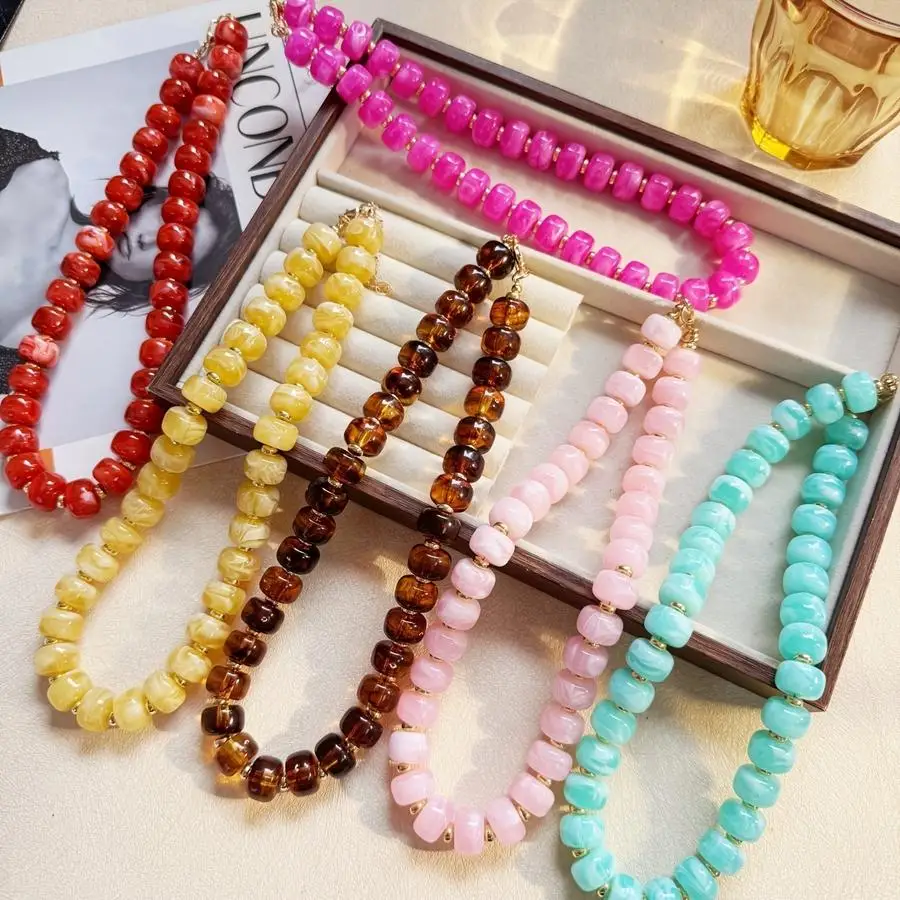 1/5/10/20/50/100pcs Women'S Multicolor Ombre Resin Bead Necklace, Colorful Flat Barrel Beads Long Chain, Bohemian Individual Sta
