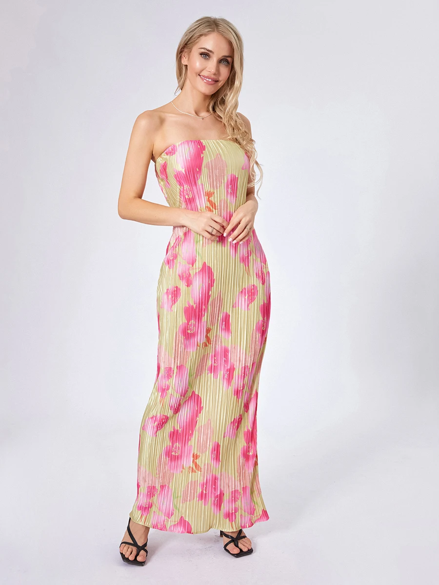 Women's Sexy Off-Shoulder Tube Dress Vintage Floral Print Backless Long Evening Dress for Cocktail Parties Nightclubs