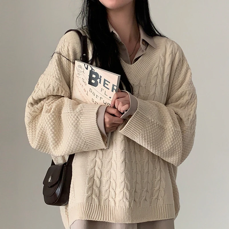 

Шикарный осенний винтажный свитер свободного кроя с V-образным вырезом из твида, универсальный, с длинными рукавами, вязаный, удобный трикотаж