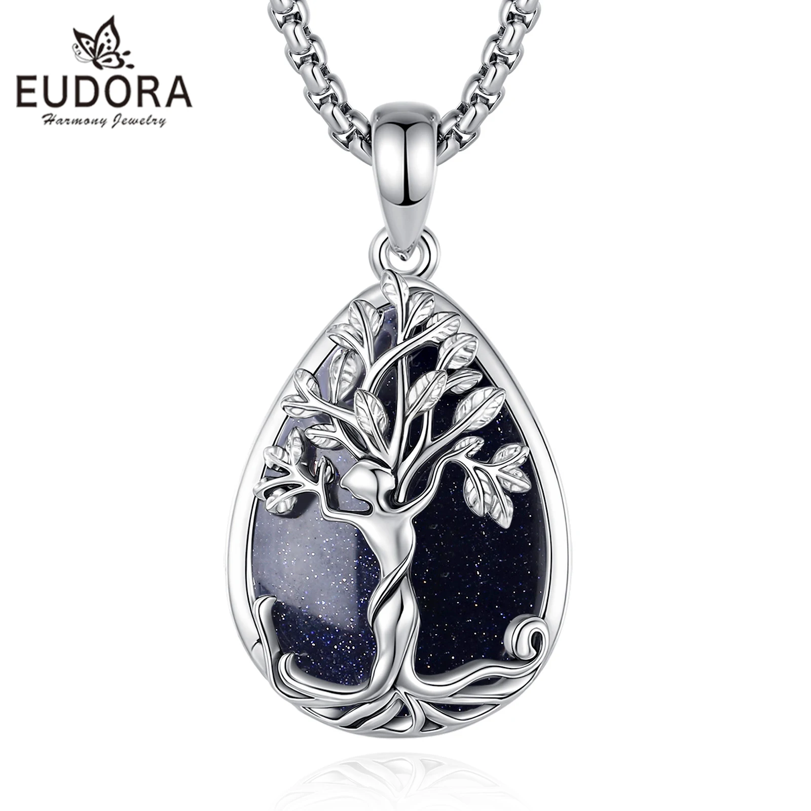 

Eudora Tree of Life Goddess Necklace Blue Sandstone Healing Crystal Stone Pendant Spiritual Jewelry Party Gift for Women Mother