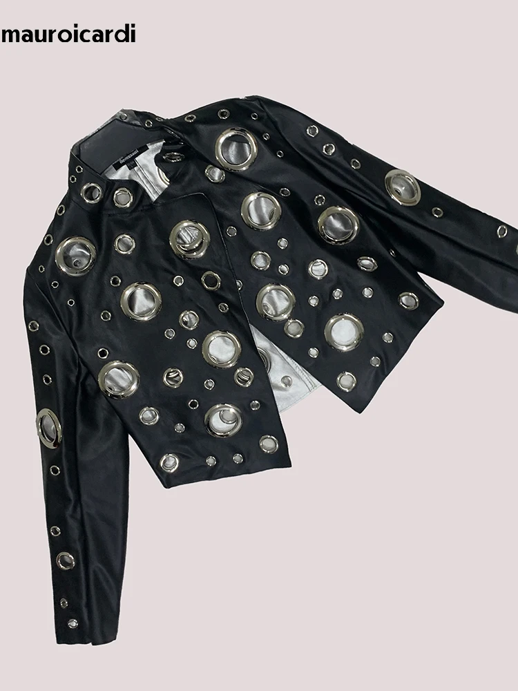 Mauroicardi Spring Short Hollow Out Patchwork Short Pu Leather Jacket Women Cool Luxury Designer European Style Clothes Fashion