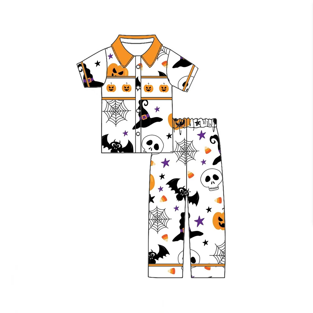 Hot Seller Halloween Boutique Boys and Girls Set Lapel Ruffle Puff sleeves Pair with Trousers Love Pocket Ghost Pumpkins Print