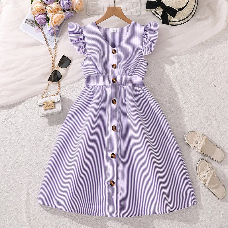 Summer New Light Blue Stripe Ruffled Sleeveless V-Neck Dress Elegant Cute Daily Casual Girl Dress