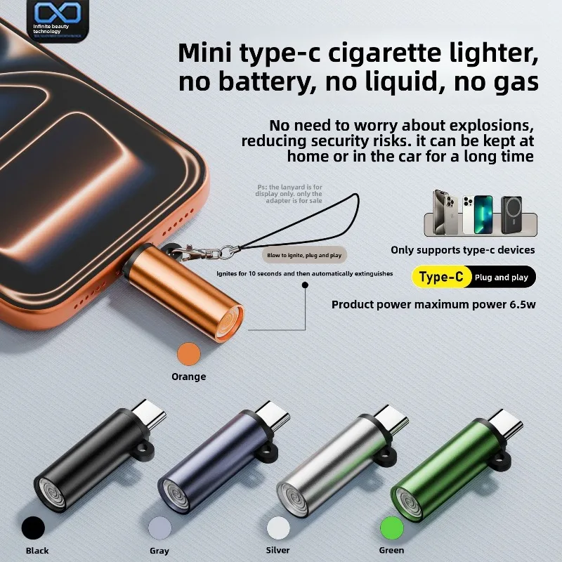 1Pcs Type C Mini Lighter Blow-to-Ignite Auto Shut-Off for Air Travel Outdoor No Battery No Flame Portable Safety Lighter Adapter