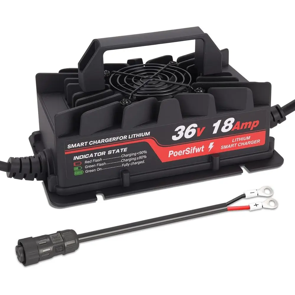 

43.8V 18A LiFePO4 Battery Charger, 36V 18A Smart Lithium Battery Charger with LED Light, Waterproof 36 Volt Charger for Electric
