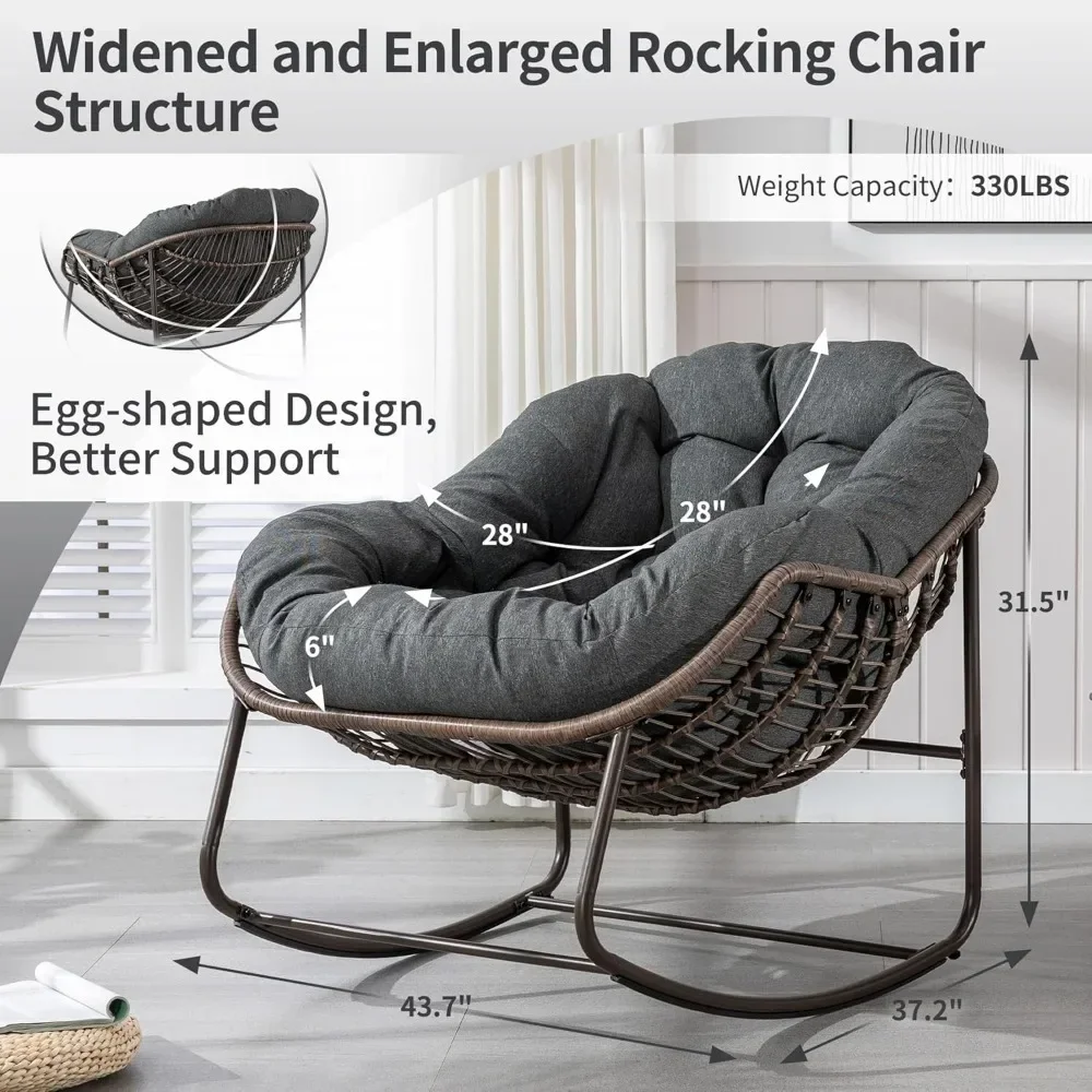 Patio Rocking Chairs,Oversized Papasan Rocking Chair Indoor with Padded Cushion - Rocker Egg Chair for Front Porch，Backyard