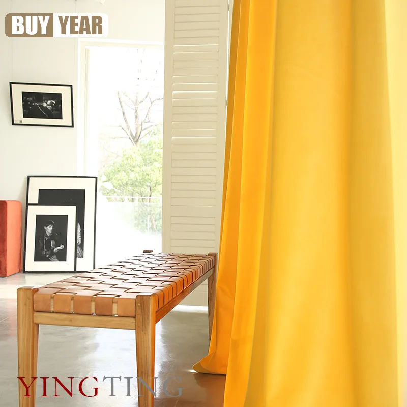 Cheese Yellow Modern Light Luxury Nordic Style Cotton Velvet Curtains Custom Blackout Curtains for Living Dining Room Bedroom