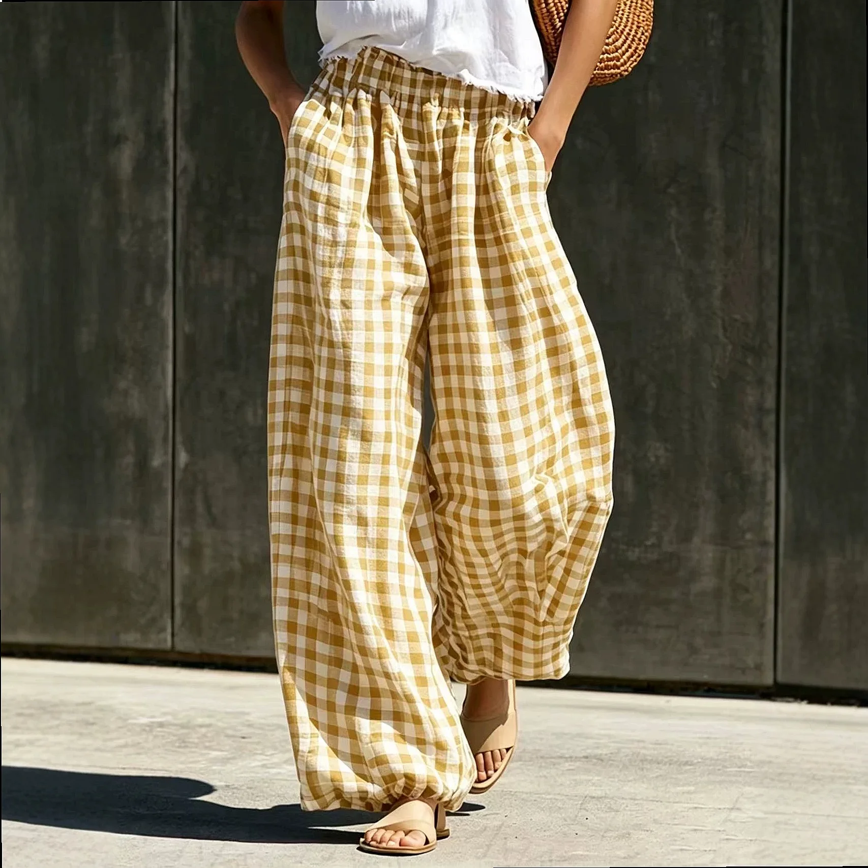 Retro Plaid Loose Wide Leg Pants Summer Casual Trousers Women Fashionable Jumpsuit