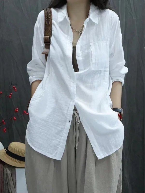 Women's Cotton Linen irt Spring Autumn Thin Outerwear Long Sve Faionable Large Size Mid-Length Top Button-Up  Collar