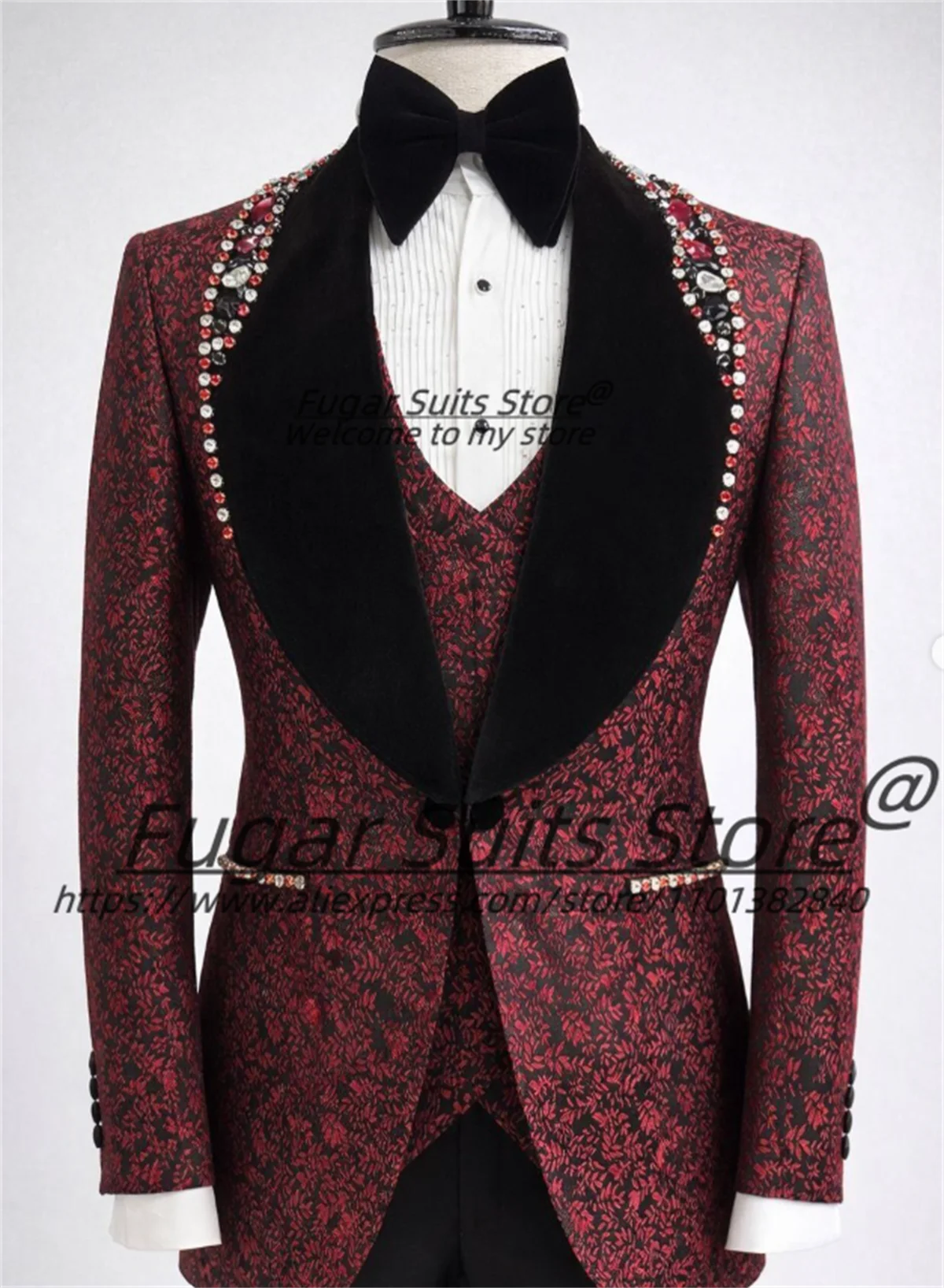 

Elegant Red Jacquard Groom Wedding Tuxedos Slim Fit Shawl Lapel High-end Men Suits Customized 3 Pieces Sets Prom Costume Homme