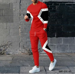 Colored geometric 3D printing men's long sleeved T-shirt and pants set, fashionable clothing and sportswear two-piece set