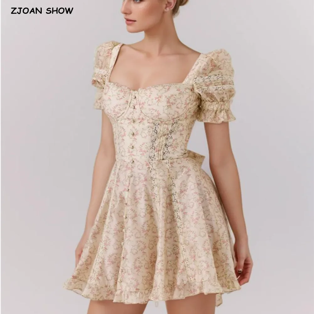 

2025 Sweet Floral Print With Wire Chest Short Puff Sleeve Dress Women Spliced Lace Tie Bow Sashes Low Waist Swing Dresses Robe