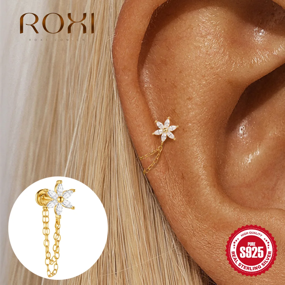 ROXI 925 Sterling Silver Flower Chain Tassel 16G CZ For Women Cartilage Helix Flat Back Piercing Earring,Conch Chain Earrings