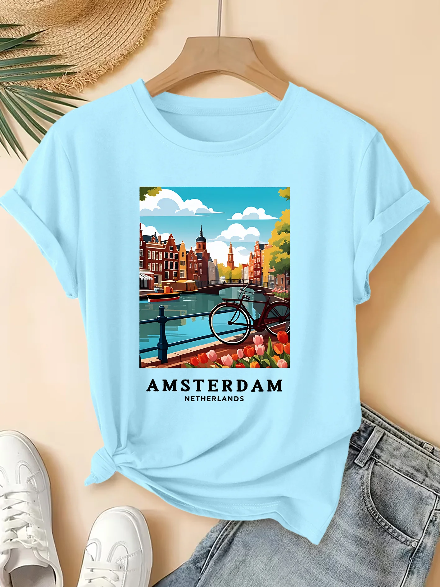 Amsterdam Landscape Printed Pattern Round Neck T-shirt Fresh Top Summer Elegant Party Fashion Versatile Commuter Women's Wear