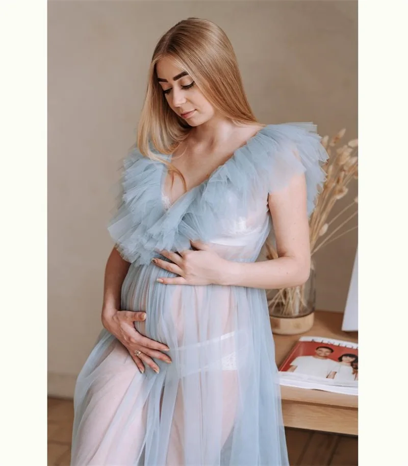 Durchsichtige hellblaue Umstands kleider für Fotoshooting ärmellose Baby party mit V-Ausschnitt, schwangere, maßge schneiderte Frauen, Ballkleid