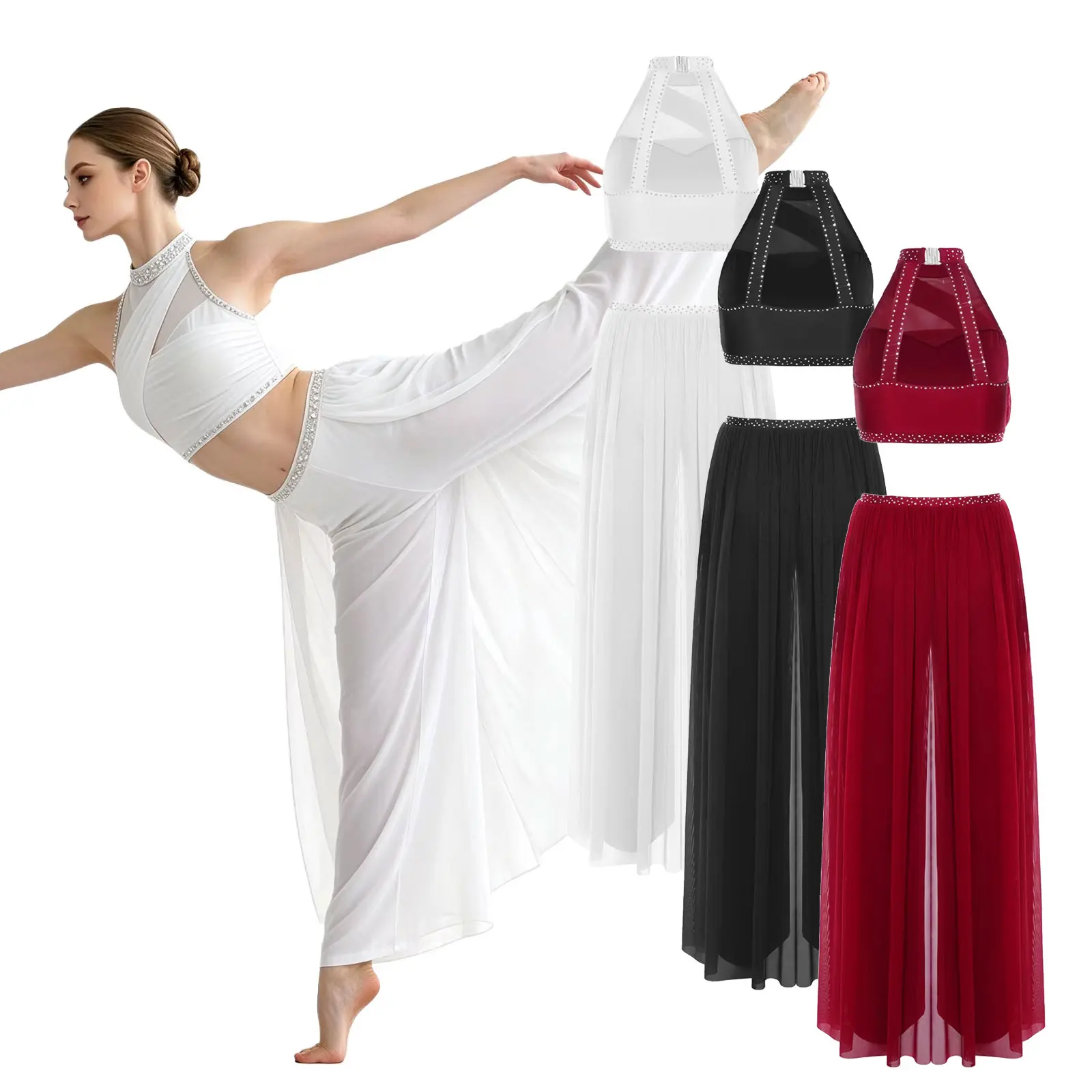 Women Lyrical Dance Performance Shiny Outfit Ruched Mesh Crop Top and Wide Legs Skirt Culottes Pants Dancewear for Modern Dance