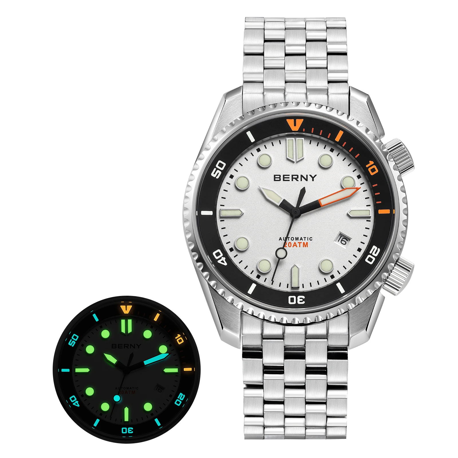 BERNY Automatisch duikhorloge voor heren Topluxe saffier 316L staal blauwe wijzerplaat 200M waterdicht mechanisch duiken herenhorloges