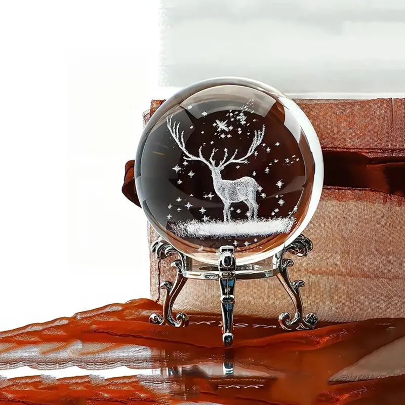 1Pc 2.4 inch (60mm) 3D Laser Engraved Christmas Deer Crystal Ball with Silver Plated Trellis Home Art Decoration Christmas Gifts