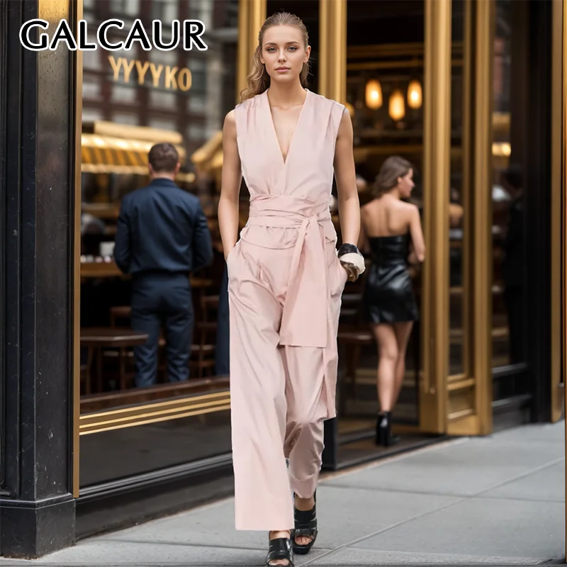 

GALCAUR Pink Two Piece Sets For Women V Neck Sleeveless Patchwork Tops High Waist Loose Spliced Pocket Pant Summer Set Female