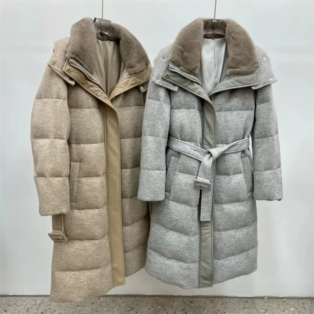 Luxury Mink Collar Goose Down Jacket With Belt Winter L*P Thickened Warm Long Down Coat