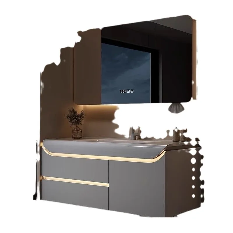 Simple cream smart solid wood washbasin combination bathroom cabinet bright skin basin cabinet integrated washing