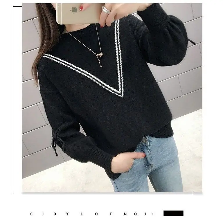 Fashion Bright Line Decoration Lantern Sleeve Sweaters Female Clothing 2023 Winter New Casual Pullovers Korean Solid Color Tops