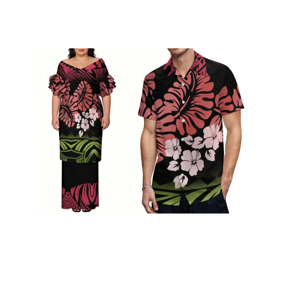 Vestido Feminino Polinésio Puletasi com Estampa 3D de Folha de Lótus e Gola Alta, Camisa Masculina de Praia de Manga Curta