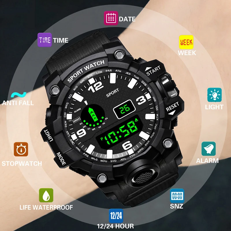 NEW Luminous Men Sport Watch High End Rubber Strap Military Wrist Watch Led Calendar Waterproof Digital Watches for Man Teen