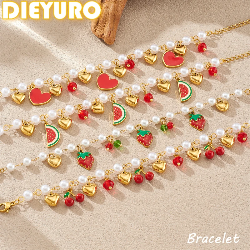 

DIEYURO 316L Stainless Steel Red Drip Heart Strawberry Cherry Watermelon Pearl Beaded Bracelet Lady Classic Wrist Chain Jewelry
