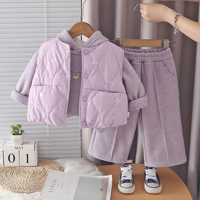Girls Warm Clothes Sets Winter Children Down Vest Thick Velvet Sweatshirts Pants 3pcs Casual Suit For Baby Hoodies Tracksuit Kid