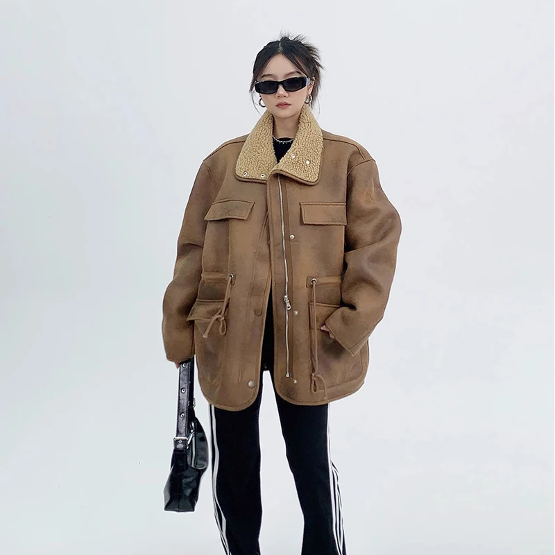 Fashion Imitation Lamb Fur Jacket for Women Elegant Lapel Thicken Warm Overcoat New Chic American Vintage Outwear