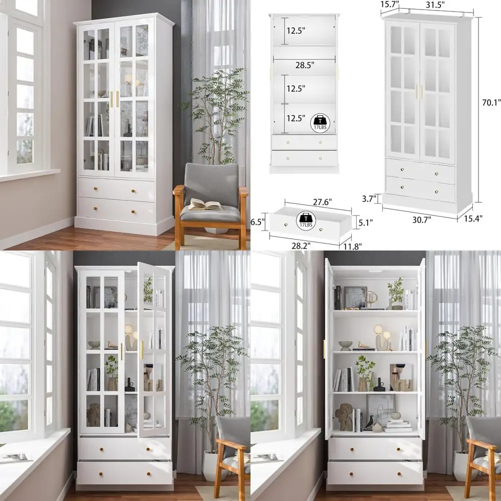 Vetrina portaoggetti con ante in vetro temperato, libreria per armadietto per curiosità in legno a 4 livelli, soluzioni di stoccaggio di grande capacità