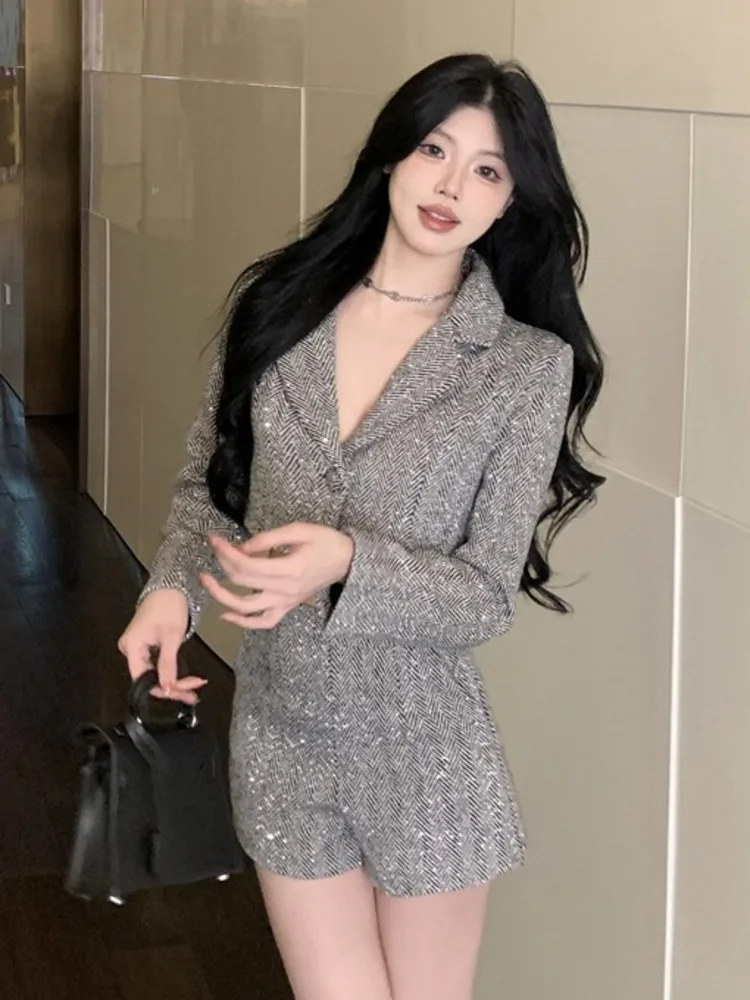 

Корейский пиджак OL + короткие костюмы из двух предметов Conjuntos Cortos, женские элегантные модные комплекты из двух предметов для женщин