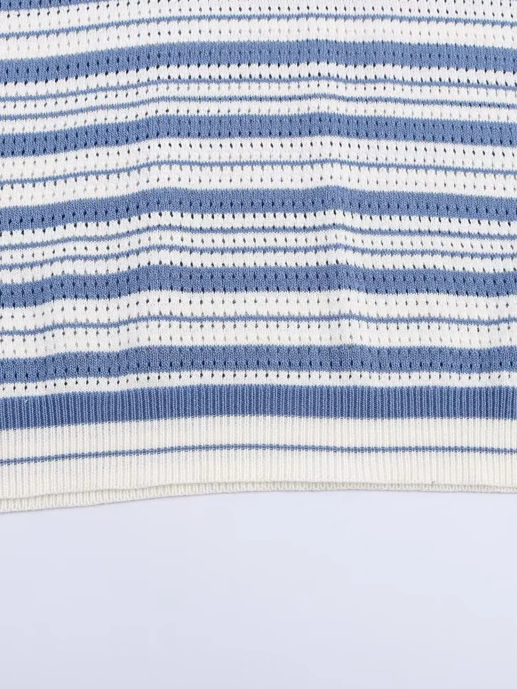 European and American style 2025 summer new products women's clothing versatile striped lapel short-sleeved sweater