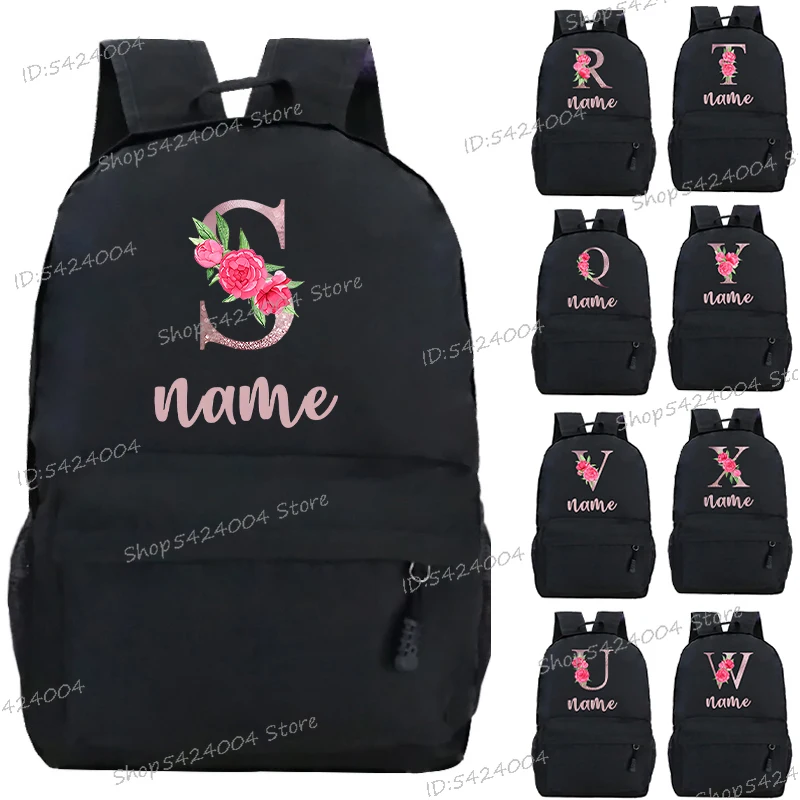DIY Name School Backpacks Pink Rose 26 Alphabet Harajuku Fashion Trend Outdoor Travel Backpack Zipper Laptop Shoulders Bag