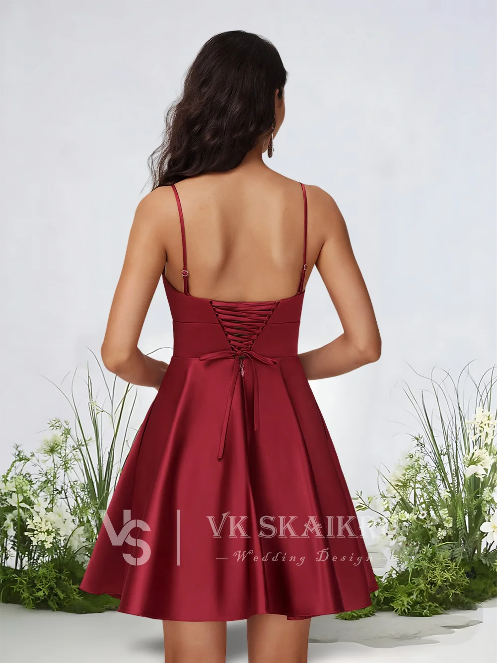 

ZXZ ​Burgundy Homecoming Dresses Elegant A-Line V-Neck Short Satin Dress With Pleated Prom Graduation Cocktail Wedding Party