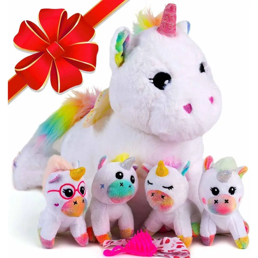 Set of 5 Unicorn Plush Toys, Rainbow Unicorn Mother and Baby Set, Soft and Delicate, PP Filled