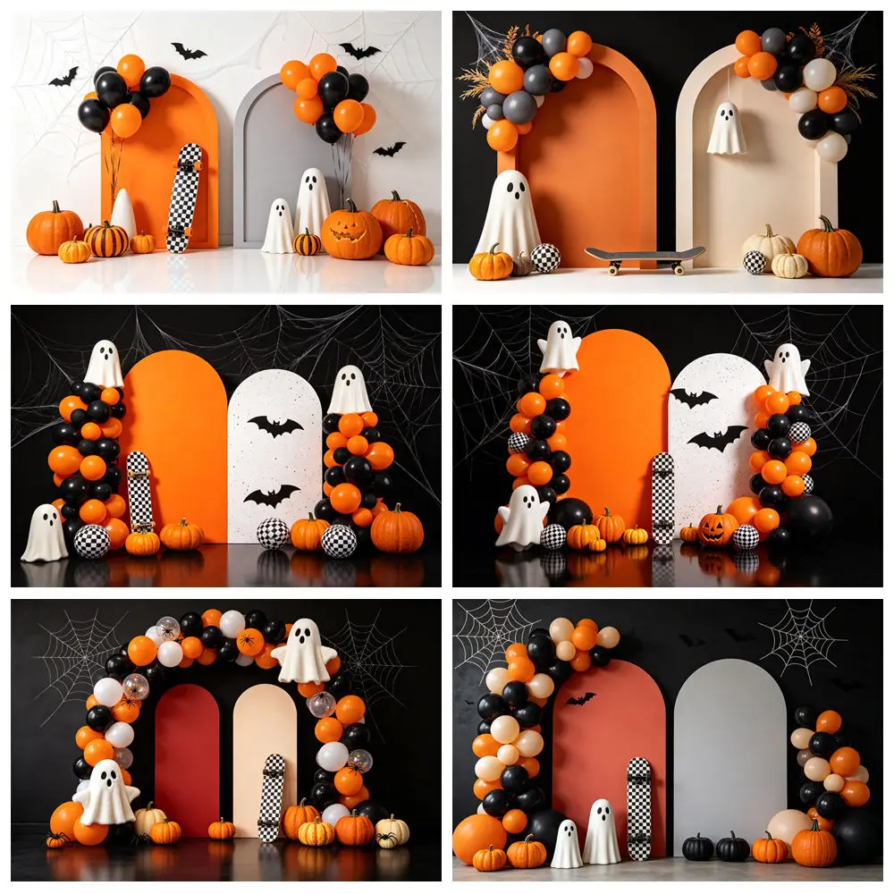Halloween Decorations Photography Backdrop Arch Balloons Evil Pumpkin Ghost Bat Spider Web Kids Birthday Decor Photo Background