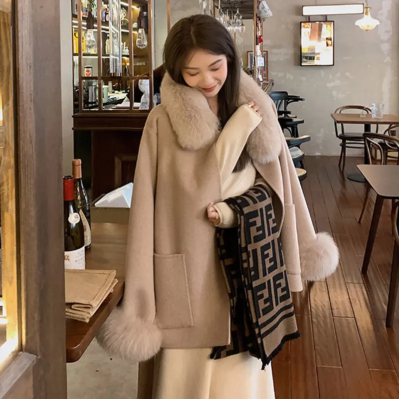 2024 Korea Gray Wollen Coat With Belt Woman Winter Chic Solid Faux Fur Collar Thick Warm Chic Long Ladies Lace Up Coat Outwear