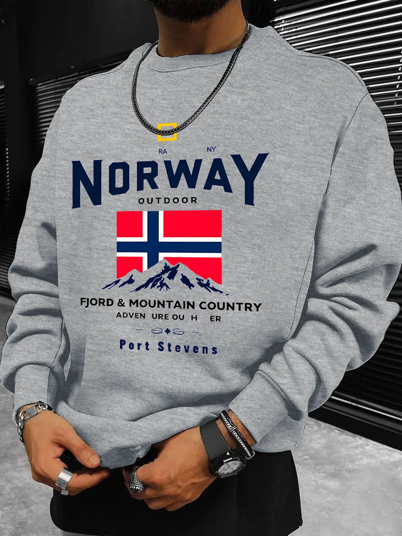 سويت شيرت رجالي، علم نرويجي ونمط جبل الثلج ونص "NORWAY OUTDOOR"، ملابس يومية غير رسمية للخريف والشتاء