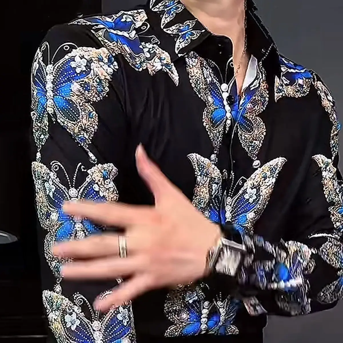 Men's Heavy Embroidered Rhinestone Elastic Luxury Butterfly Print Anti-Wrinkle Slim Fit Shirt