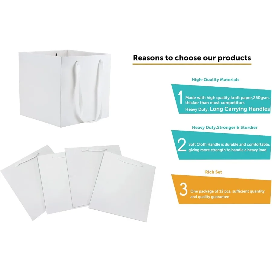 Sacos de papel branco com alças, sacos de presente em massa, 12 pacotes, tamanho quadrado grande, 10x10x10 polegadas, kraft, ideais para lembrancinhas, presentes de aniversário