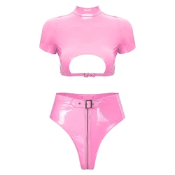 Womens Glossy Patent Leather Two Piece Lingerie Set Clubwear Short Sleeve Cutout Crop Top with High Cut Zipper Crotch Underwear