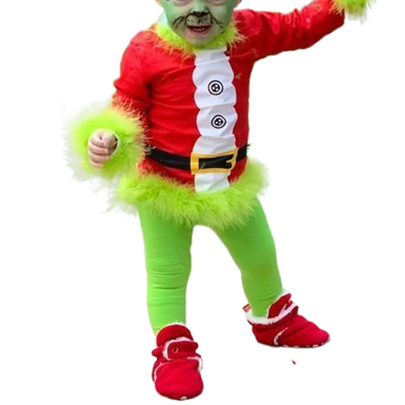 Children\'s Christmas Costume Set Two-piece Plush Long Sleeved Top Elastic Pants Greentown Children\'s Costume Performance Suit