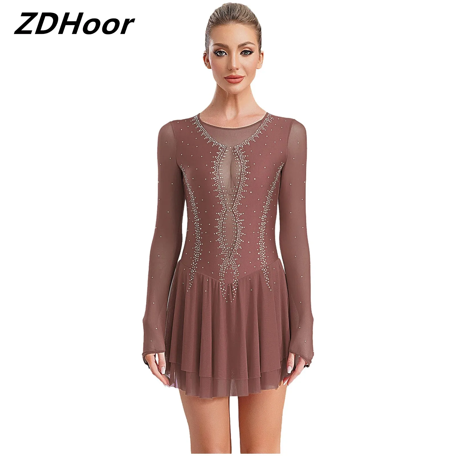 

Womens Lyrical Ballet Dress Round Neck Long Sleeve Sheer Mesh Patchwork Glittery Rhinestones Ballet Dress Dancewear