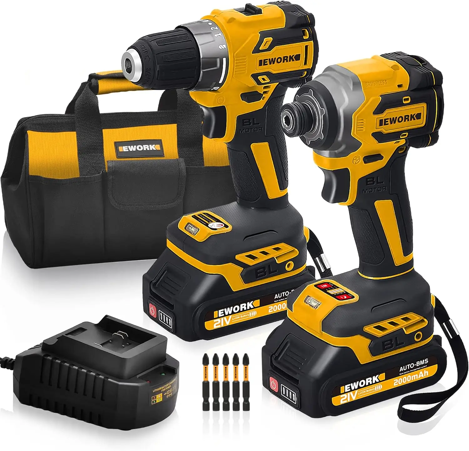 EWORK Compact Cordless Drill and Impact Driver Combo Kit 21V Brushless Power Tool Set with (2) 2.0Ah Batteries and Fast Charger,