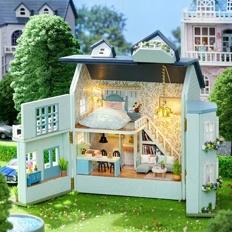 ภาพเคลื่อนไหวการ์ตูน DIY House Handmade Mini House Street View อาคารไม้ของเล่นฉากขนาดเล็กของขวัญวันเกิดอุปกรณ์ต่อพ่วง